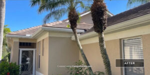 Residential tile roof installation with palm landscaping