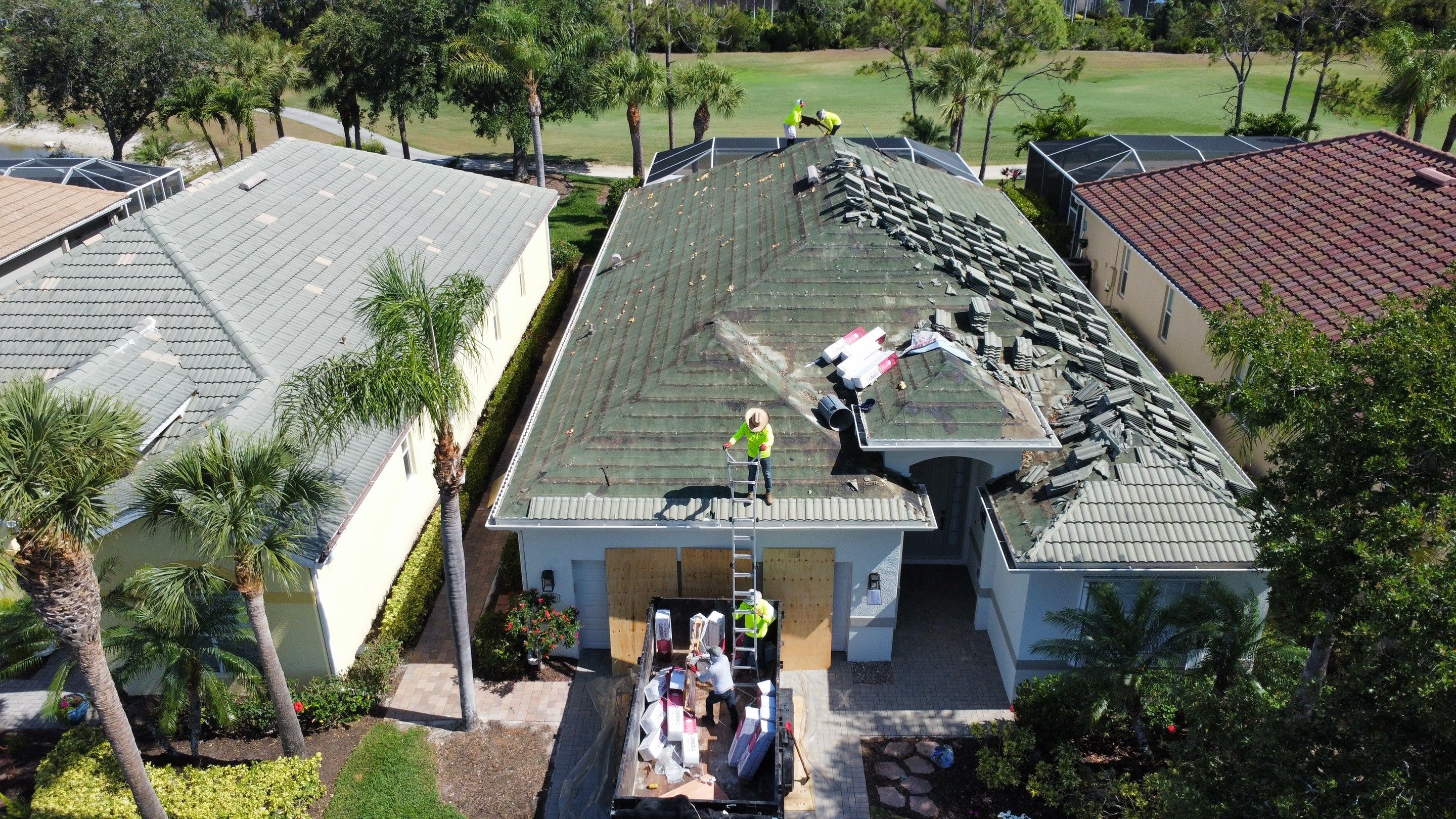 Aerial view of roofing construction progress