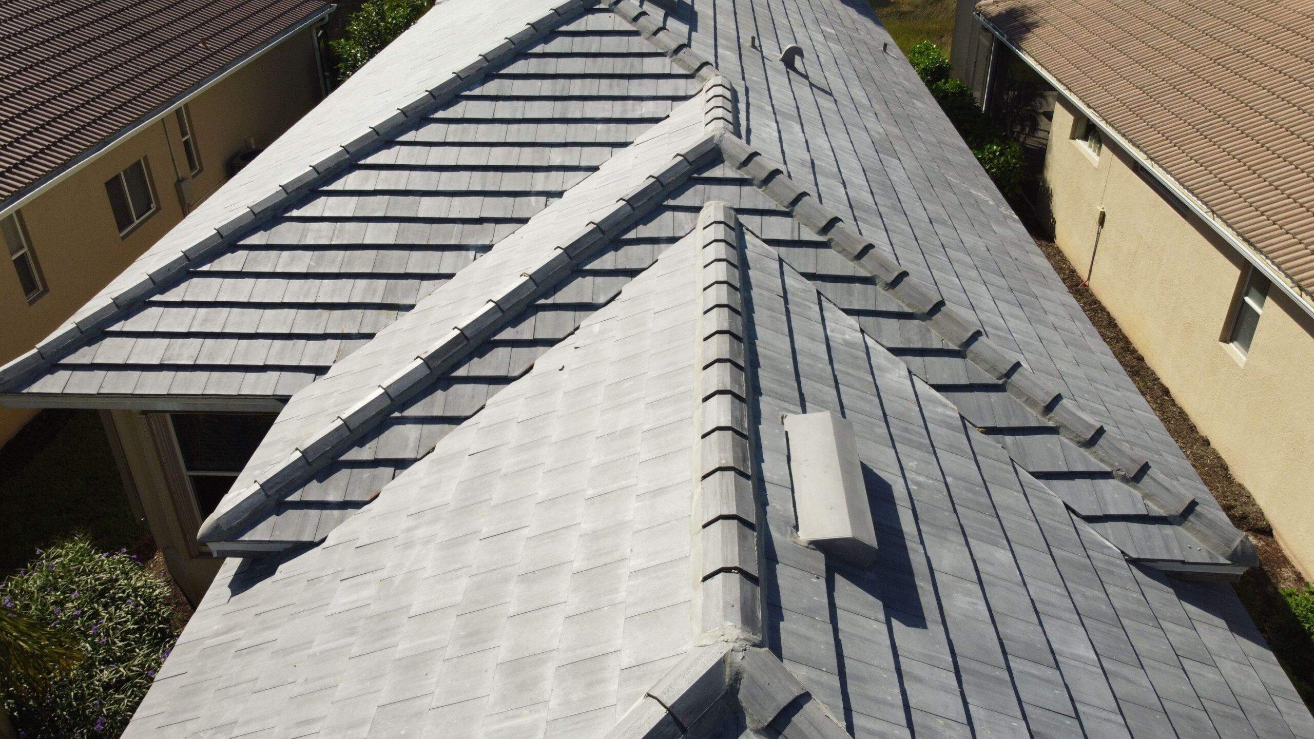 Aerial view of gray shingle residential roof