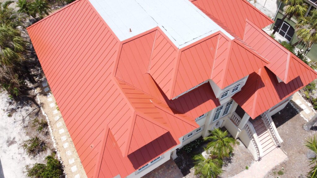 Aerial view of white membrane roofing installation