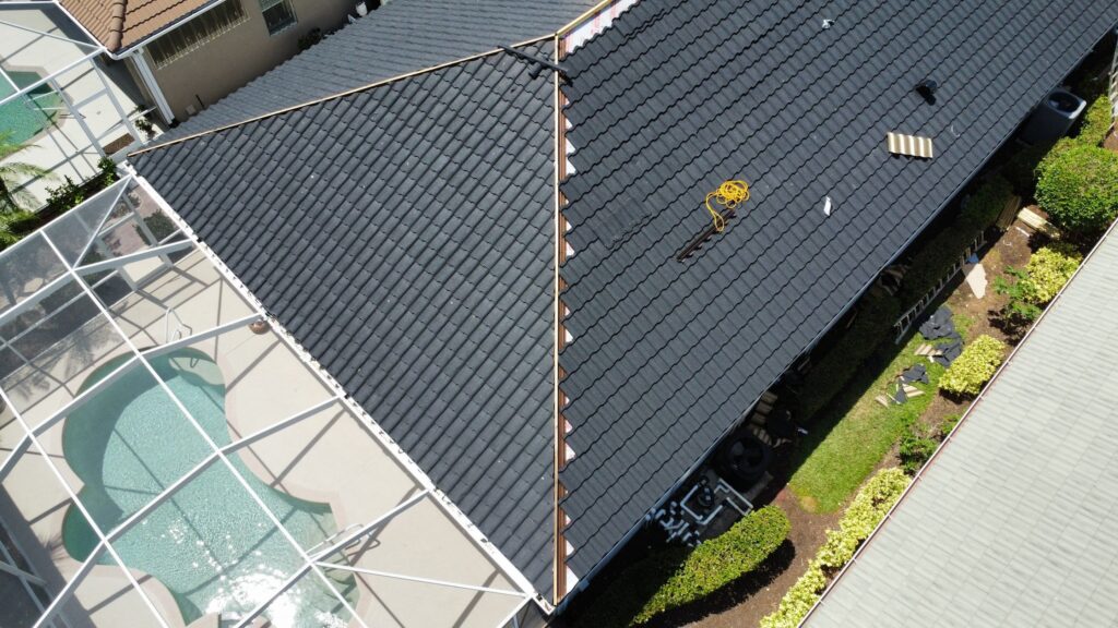 Aerial view of professional roofing installation